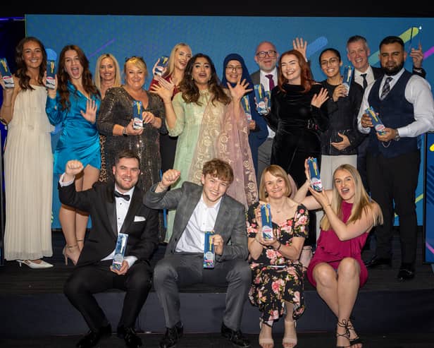 A group photo of the Lancashire Apprenticeship Awards 2026 winners with  host Neetal Parekh in the middle.