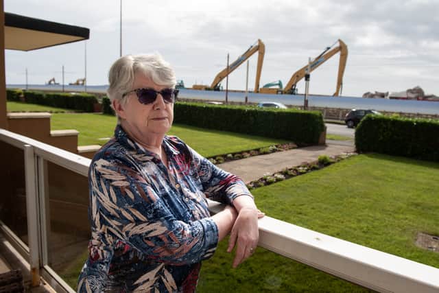 Dianne Mcknight lives opposite the compound where she describes workers start shifting boulders from before 7am, making constant noise and the compound has ruined their sea view. Photo: Lucinda Herbert