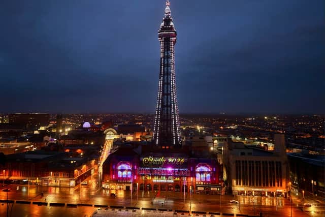 This is the moment BBC's Strictly Come Dancing made at nod to Blackpool, the home of its live shows, after projecting the names of its new hosts Emma Willis, Johannes Radebe and Josh Widdicombe onto Blackpool Tower tonight