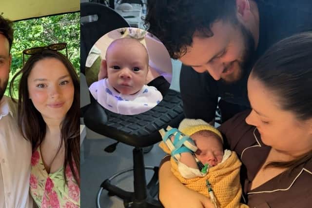 Frank Sharratt and Rebekah Whalley with baby Stan