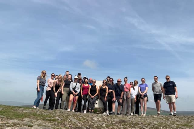 Brown & Co ‘netwalking’ group photo at summit of Nicky Nook, near Garstang, Lancashire on Friday (May 22).