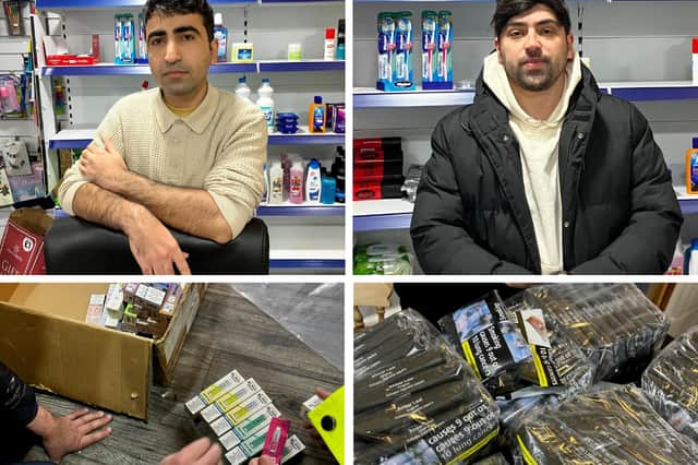 St Annes shop owner Keyvan Manouchehri, 31, (top left) has been jailed after Trading Standards officers uncovered an illegal tobacco and vape operation worth £74,000 at Euro Mini Market at 150 St Albans Road. Co-defendant Kawan Poormand, 30, received a 12-month community order, including 160 hours of unpaid work and an electronically monitored curfew (top right)