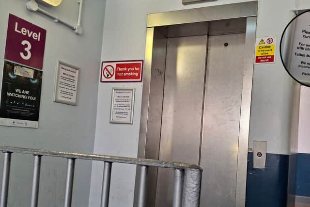 West Street car park lift with warning signs on the landings.