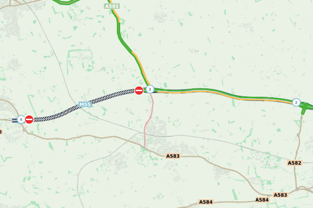 National Highways map showing the current situation along the M55