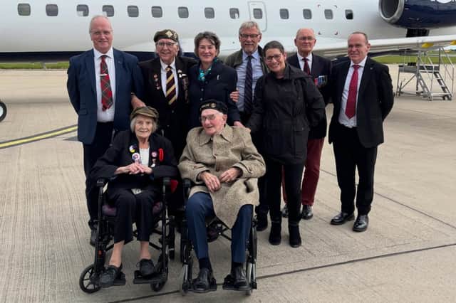War heroes: Veterans Marjorie Hanson, Richard Brock and Ken Benbow attended the D-Day commemorations in Normandy with a party including the Lord-Lieutenant of Lancashire, Amanda Jane Parker JP DL.