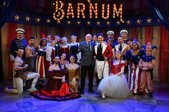 Legendary ringmaster From the Blackpool tower Circus Norman Barrett MBE . Was in the audience for the opening night of Barnum at the Blackpool Winter Gardens , to support Lee Mead who takes on the title role. Pictured Norman Barrett MBE with Lee Mead