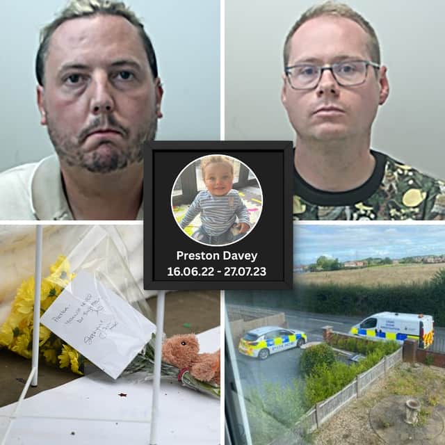 Blackpool's killer teacher Jamie Varley (left) and his now ex-partner and fellow abuser John McGowan-Fazakerley (right) have been sentenced today at Preston Crown Court over the death of little Preston Davey. Also pictured is police at their former home in Staining Road, Staining and a touching tribute left for the baby