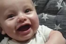 Baby Preston Davey laughing while with his foster parents, Paul and Sandra Cooper, months before he went to live with monsters Varley and McGowan-Fazakerley