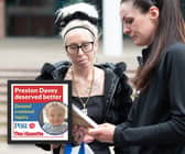 Preston Davey's mum Sarah outside Preston Crown Court with the orgamiser of the Preston Davey vigil on Preston Flag Market