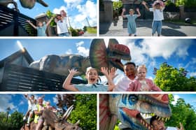Grandad Darren Schreiber from Wrea Green "accidentally" bought 4 gaint dinosaurs at auction much to his grandchildren Dexter Lottie and Loretta's delight