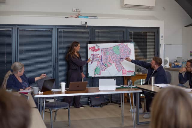 Board chair Sarah Lindsay, Chris Webb MP and vice chair Mike Coole (right) redrawing the Pride in Place boundaries Board chair Sarah Lindsay, Chris Webb MP and vice chair Mike Coole (right) redrawing the Pride in Place boundaries