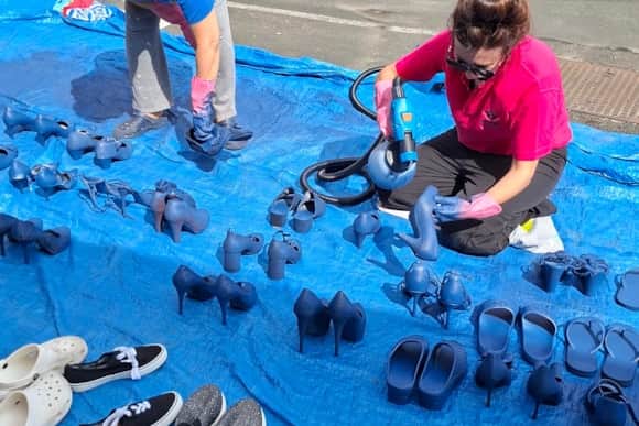 Fylde Coast Women’s Aid (FCWA) has painted 150 pairs of shoes in the colour blue, which will take centre stage in Blackpool’s St John’s Square next week, representing the number of domestic abuse victims in the UK who are feared to have been driven to suicide by their partners.