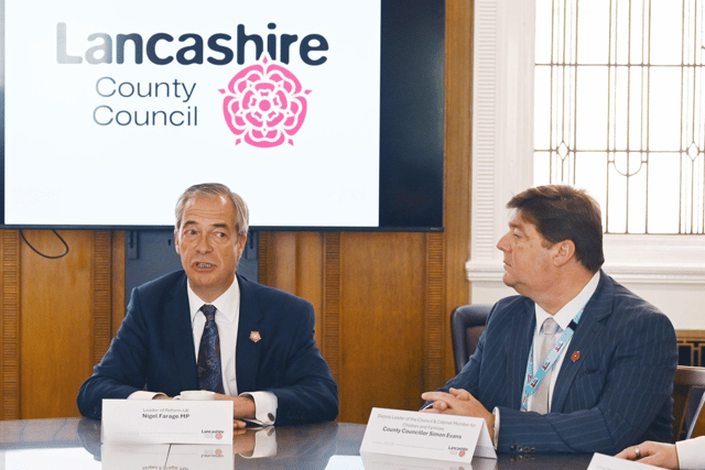 Reform UK leader Nigel Farage and deputy Lancashire County Council leader Simon Evans pictured during the former's visit to County Hall in Preston in June 2025