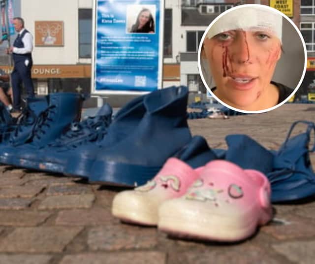 Kiena Dawes took her own life after suffering domestic abuse, and today a petition is being set up to introduce a new law in her name. 150 shoes have been painted blue in memory of each of the 150 people who have taken their own life due to domestic violence in 2025. Photo: Lucinda Herbert