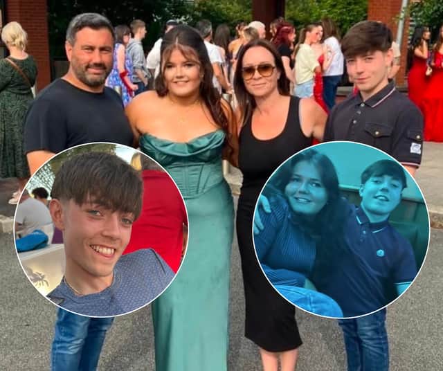 Joey Gregory (right) with his family and with his sister Mia (right inset)