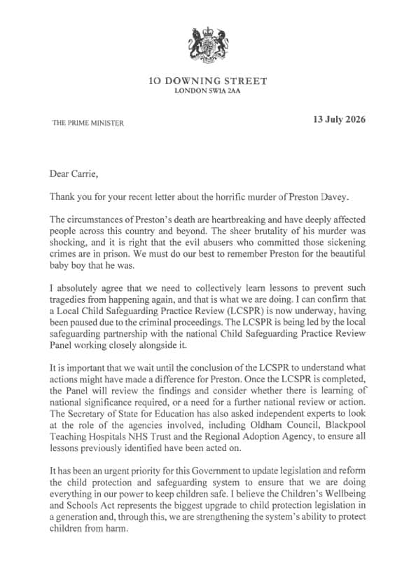 Prime Minister Keir Starmer responds to Gazette's call for national public inquiry into Preston Davey failings