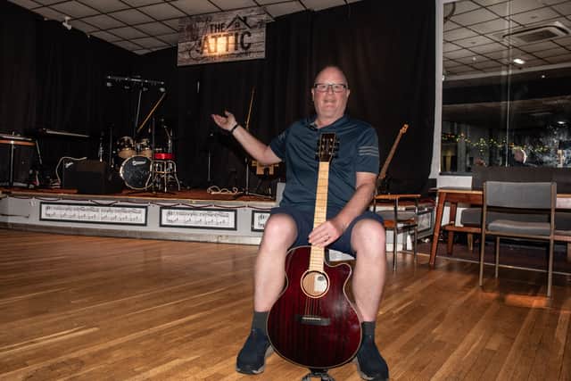 Paul Rigby inside 'The Attic' a new live music venue on Chapel Street, Lytham that is aimed at helping young musicians by giving them a space to play gigs without having to bring their own backline.