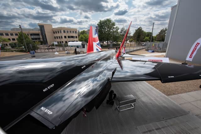 A full scale mock-up of the T-7A Red Hawk with Union Jack tail displayed outside the BAE Systems chalet at Farnborough International Airshow 2026. Photo: Lucinda Herbert