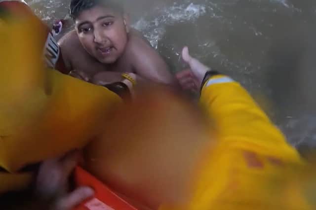 A mother has recalled the moment she feared her 10-year-old son had drowned after watching his head disappear beneath the waves during a terrifying incident off the coast of Blackpool.
