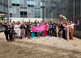 Staff and senior leader from children’s services celebrate their Ofsted rating with cabinet members Cllr Kath Benson, Cllr Lynn Williams, and Cllr Jim Hobson