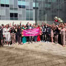 Staff and senior leader from children’s services celebrate their Ofsted rating with cabinet members Cllr Kath Benson, Cllr Lynn Williams, and Cllr Jim Hobson