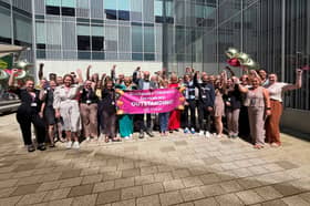Staff and senior leader from children’s services celebrate their Ofsted rating with cabinet members Cllr Kath Benson, Cllr Lynn Williams, and Cllr Jim Hobson