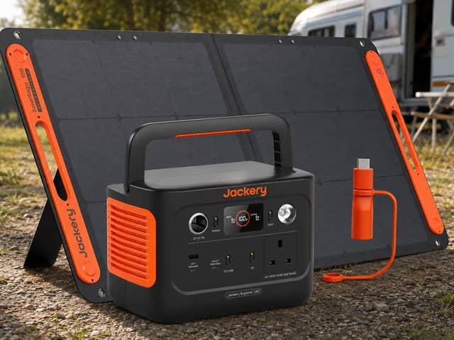 The Jackery bundle combines the Explorer 240 V2 power station with a 100W solar panel and USB-C converter