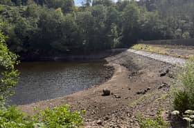 Low water levels at Grizedale Reservoir, August 2026