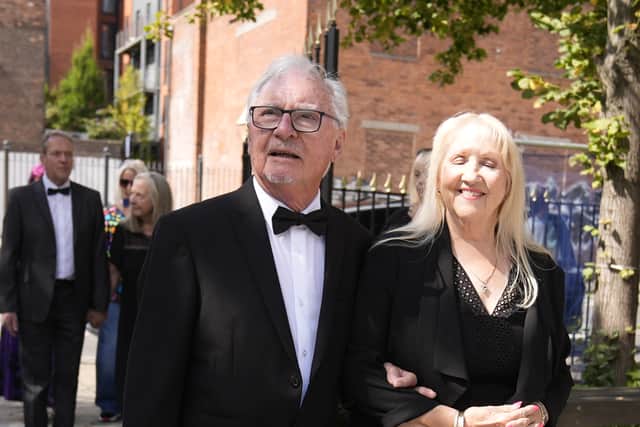 Syd Little (left) arrives for the funeral of stand-up comedian Jimmy Cricket.