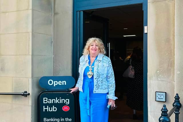 St Annes town may Cllr Cheryl Little at the new Banking Hub.