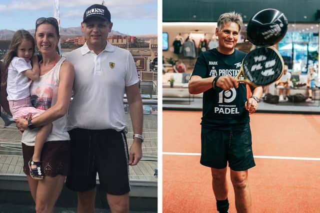 L: Mark Kinglsey with his wife and daughter in October 2021. As this picture was taken post chemotherapy, Mark's face has bloated from the steroids and he has lost his hair/eyebrows. R: Mark in 2026 at Peformance Padel Preston.