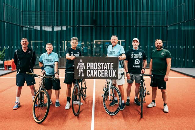 The Tour de 4 2026 riders (l to r) Dave Brown, Mark Kingsley, Stewart Dyson and Dave Peebles, flanked either side by Robin Lawson and Roy Clarke, the co owners of Performance Padel.