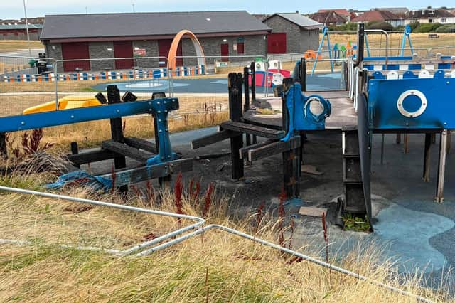 The fire-damaged play ship in Anchorsholme Park