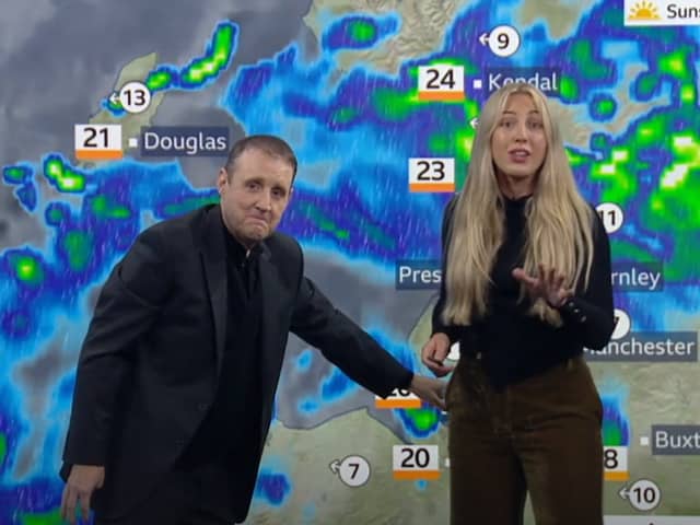 Peter Kay gatecrashes Blackpool BBC North West presenter's weather report live on air