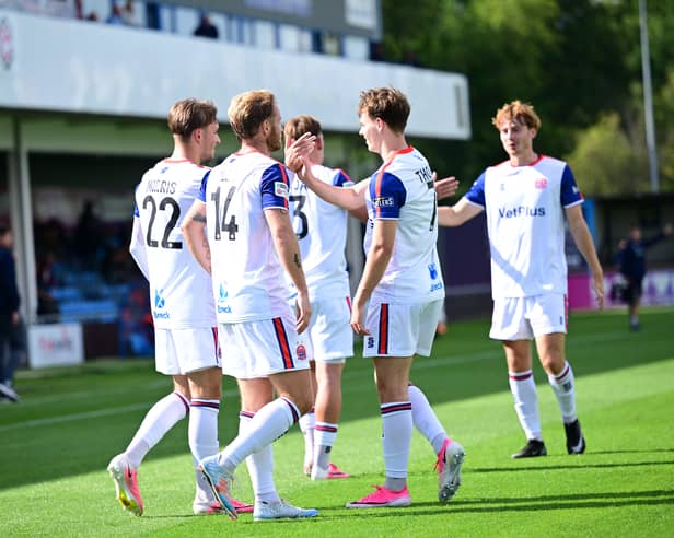 AFC Fylde celebrate Jack Morris' goal at Solihull Moors on Monday
