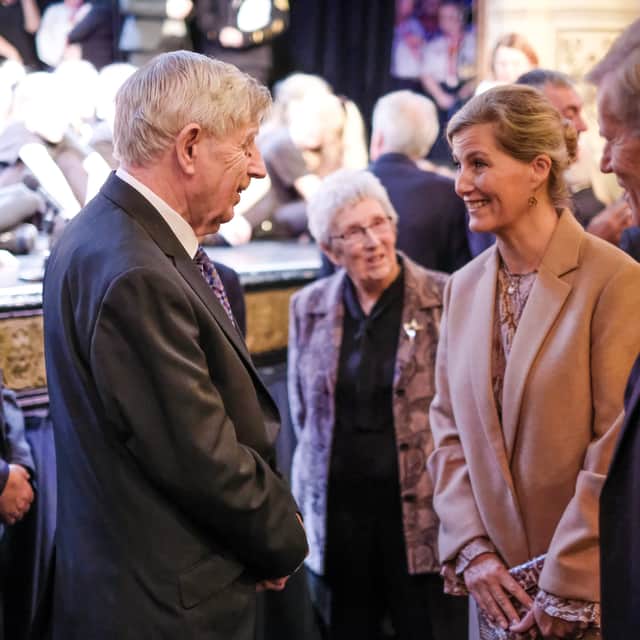 (L-R) John Grady meeting the Her Royal Highness The Countess of Wessex GCVO (now Her Royal Highness The Duchess of Edinburgh) celebrating the Blackpool Grand Theatres 125th Year. (© Blackpool Grand Theatre | Photographer Martin Bostock)