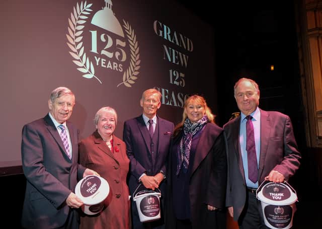 (L-R) Blackpool Grand Theatre celebration of 125 years launch event – John Grady, Ruth Eastwood (past Blackpool Grand Theatre CEO), Roger Lloyd Jones (past Blackpool Grand Theatre Trust Chair), Amanda Thompson OBE Managing Director Pleasure Beach Resort and Blackpool Grand Theatre Patron and Tony Stone (past Blackpool Grand Theatre (Arts & Entertainment) Chair). (© Blackpool Grand Theatre | Photographer Martin Bostock)