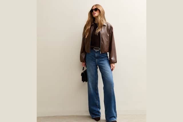 New Look brown faux leather jacket with bubble hem, spread collar and long sleeves