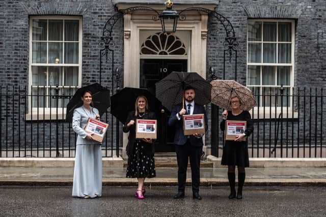 Paula Hudgell, Vanessa Sims, Chris Webb MP and Nicola Thorp deliver the petition signatures for the Preston Davey campaign to 10 Downing Street. Photo: Lucinda Herbert