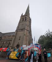 Teachers, including educators from Fleetwood's Cardinal Allen High, demonstrating at Lancaster Cathedral amid strike action