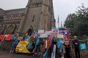 Teachers, including educators from Fleetwood's Cardinal Allen High, demonstrating at Lancaster Cathedral amid strike action