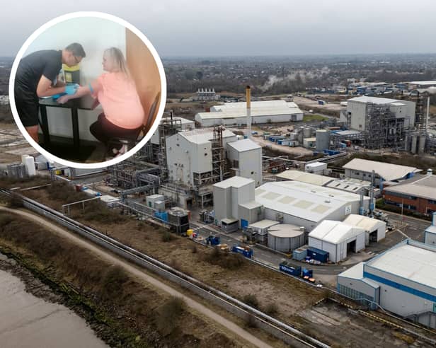 Blood tests carried out on residents in Thornton have proved two thirds of those tested have ‘high levels’ of cancer causing toxins in their systems. Pictured is the former ICI plant now occupied from soon to close AGC Chemicals and inset is Sam Linacre-Hammond, 48,  undergoing her blood test