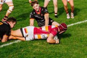 Ben Turner touches down for Fylde RFC in their win against Sheffield Tigers at the Woodlands