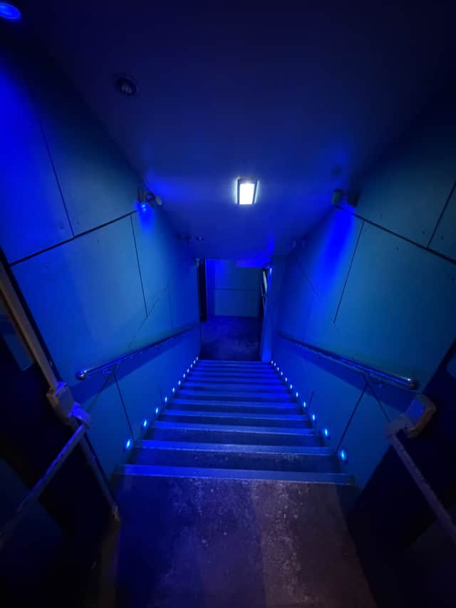 One of the corridors and flights of stairs inside Soundbox