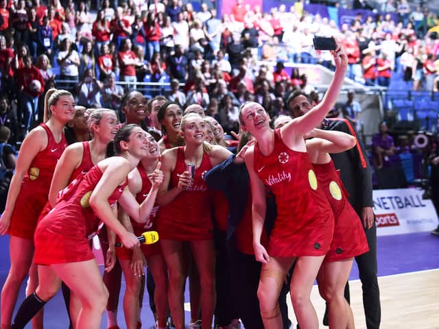 England players celebrate after winning bronze at the 2019 World Cup in Liverpool.