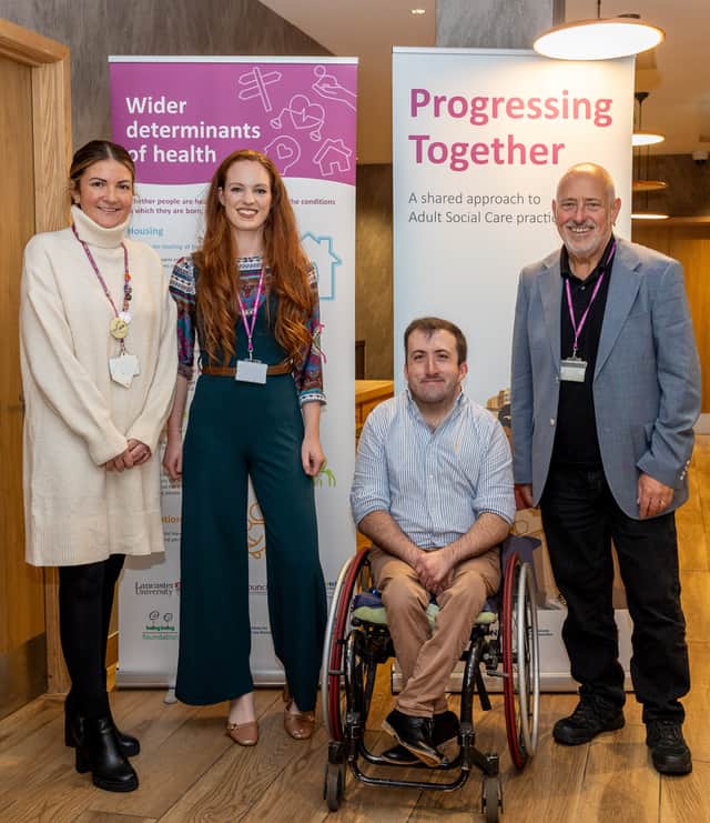 Wheelchair rugby player Myles Pearson shared his experiences to influence and improve adult social care delivery in Blackpool. Pictured is Michaela Goodridge, Kayleigh Evans, Myles Pearson, and Cllr Neal Brookes