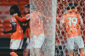Karoy Anderson celebrates giving Blackpool the lead against MK Dons