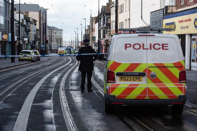 Police cordon off Talbot Road in Blackpool. Photo: Lucinda Herbert