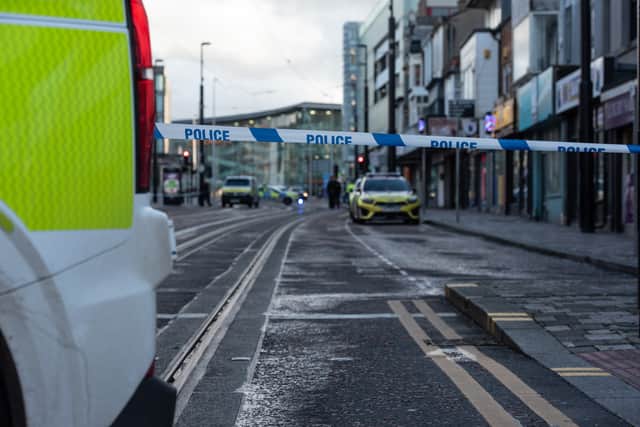Police cordon off Talbot Road in Blackpool. Photo: Lucinda Herbert