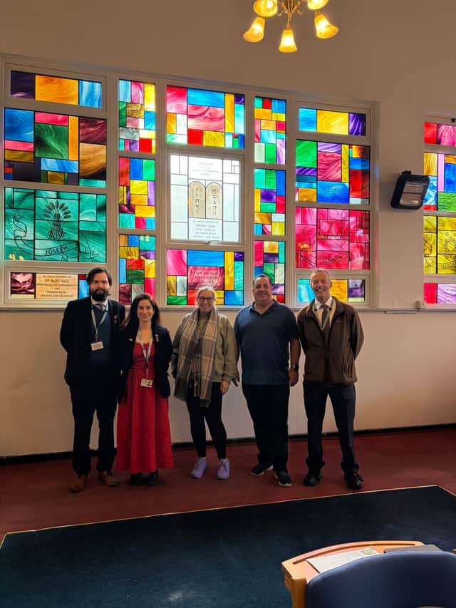 Rachel Tax, president of the Blackpool Reform Jewish Congregation, with supporters following the attack.